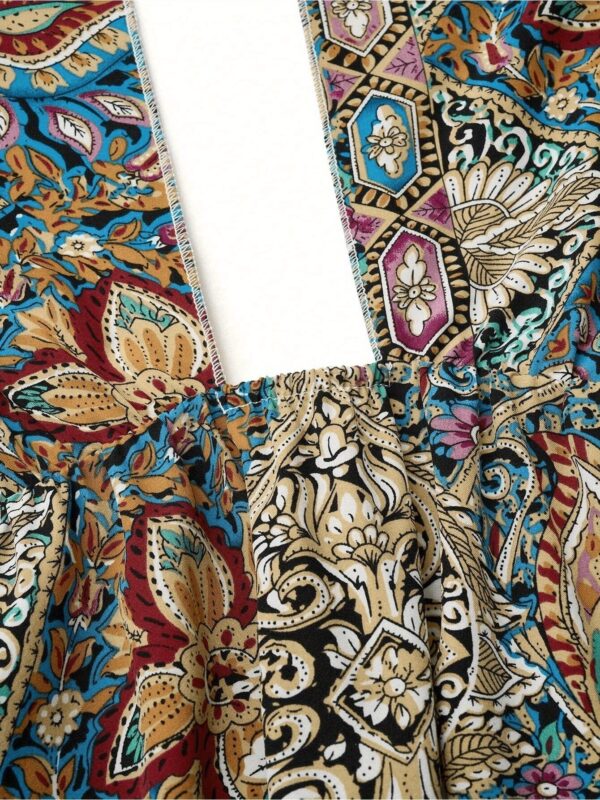 Women Print Maxi Dress High Waisted Cross Halter Neck With Tie Detail,Flowing Vacation Gown In Teal, Blue-Green & Brown Paisley   Pattern, Machine Washable, Summer Fashion Decorative Tie Detail - Image 4