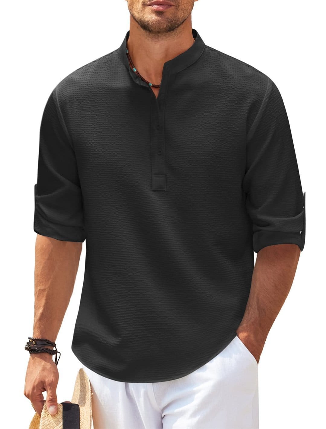 Men's Casual Shirt Long Sleeve Stand Collar Solid Color Shirt Mens Clothing - Image 8