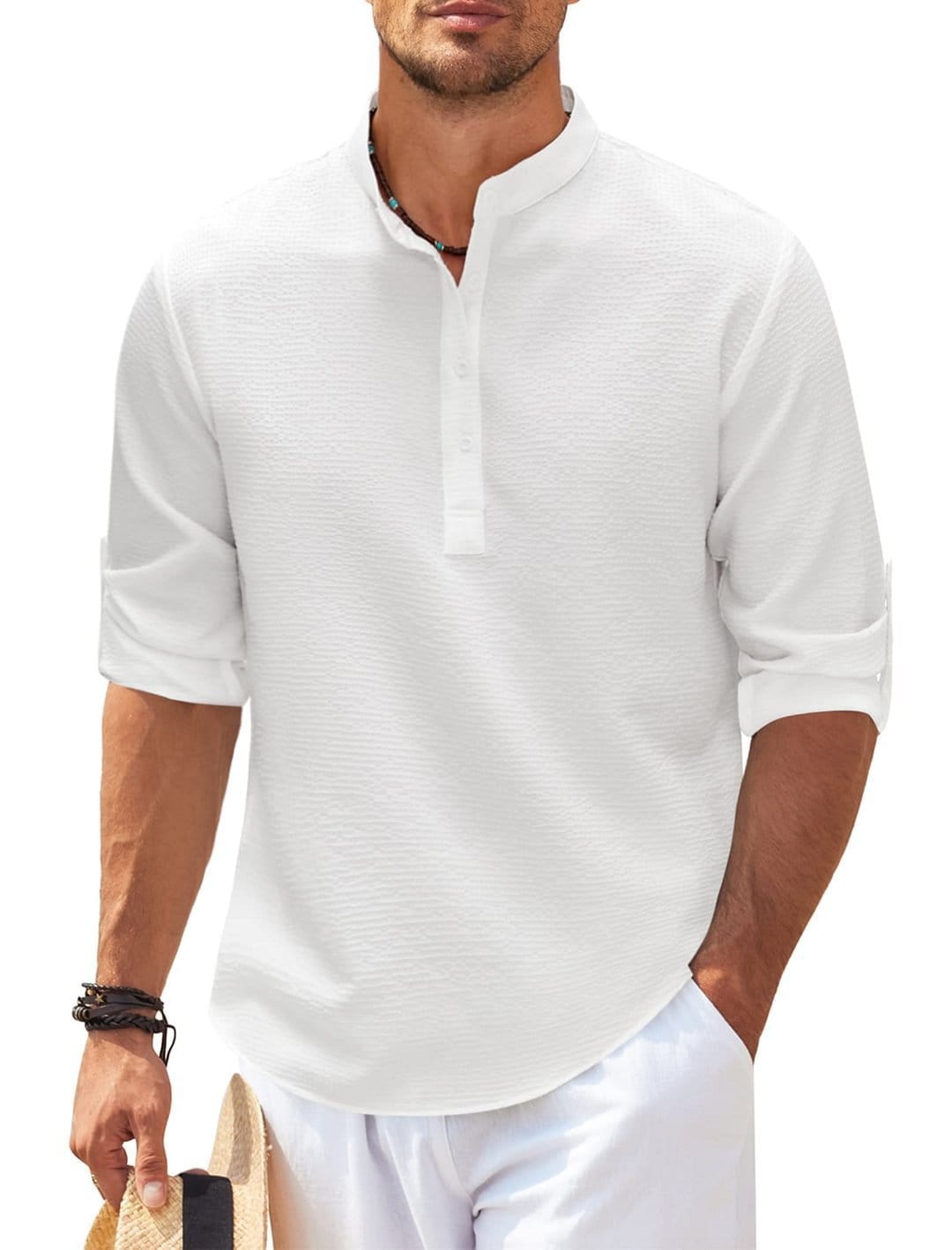 Men's Casual Shirt Long Sleeve Stand Collar Solid Color Shirt Mens Clothing - Image 10