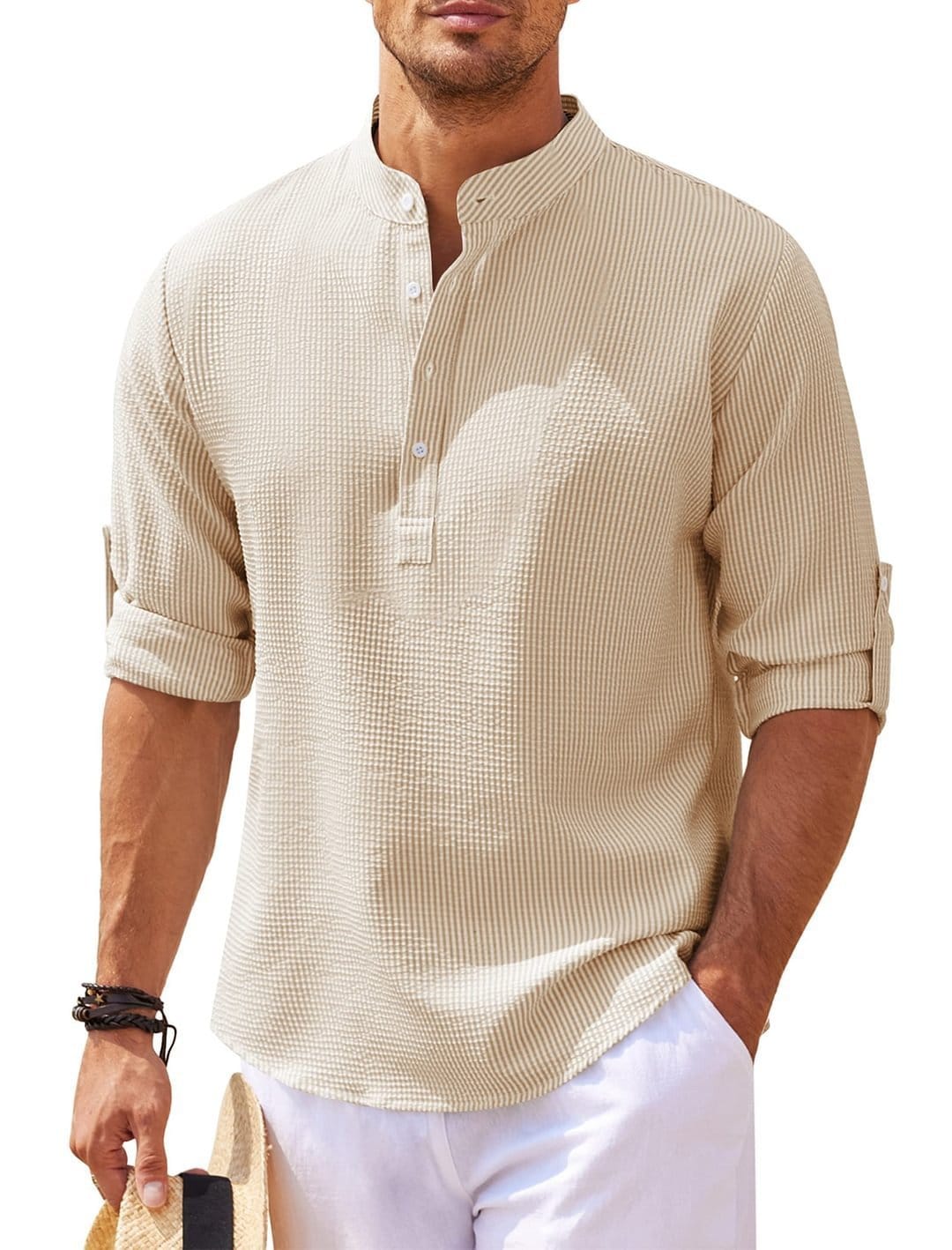 Men's Casual Shirt Long Sleeve Stand Collar Solid Color Shirt Mens Clothing - Image 6