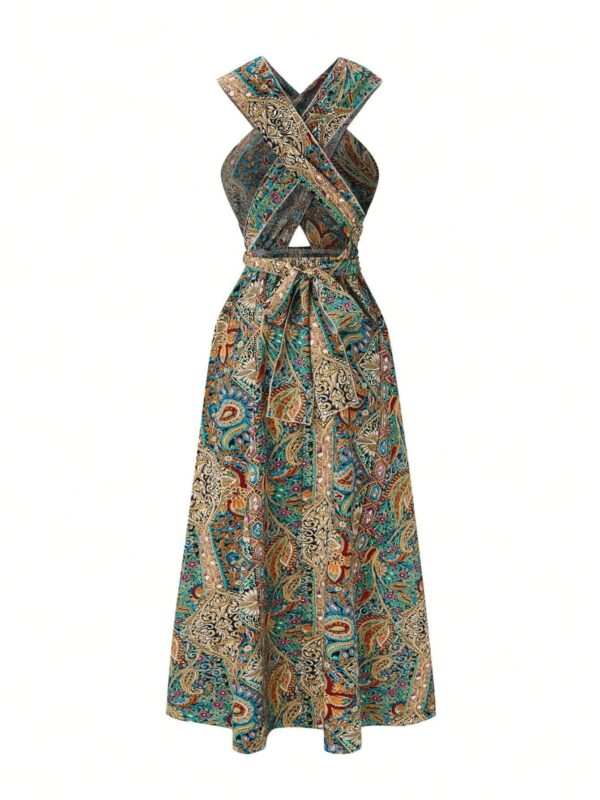 Women Print Maxi Dress High Waisted Cross Halter Neck With Tie Detail,Flowing Vacation Gown In Teal, Blue-Green & Brown Paisley   Pattern, Machine Washable, Summer Fashion Decorative Tie Detail - Image 6