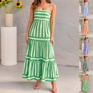 Summer Striped Printed Suspender Long Dress With Pockets Fashion Square Neck Backless Dresses For Beach Vacation Women Clothing