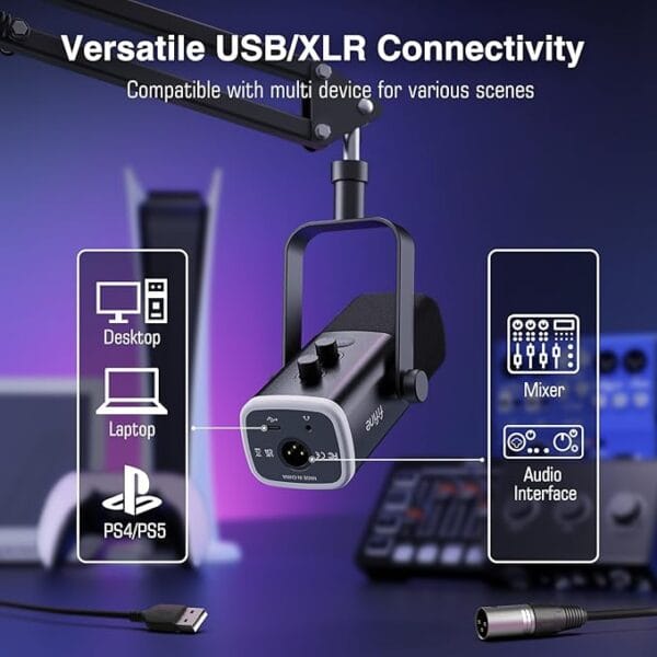 FIFINE XLR/USB AM8T Gaming Microphone Set, Dynamic PC Mic for Streaming Podcasting, Computer RGB Mic Kit with Boom Arm Stand, Mute Button, Headphones Jack, - Image 5