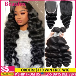 Beaufox Loose Wave Human Hair Bundles With Closure Indian Hair Weave 3/4 Bundles With Lace Closure Wavy Human Hair Extensions