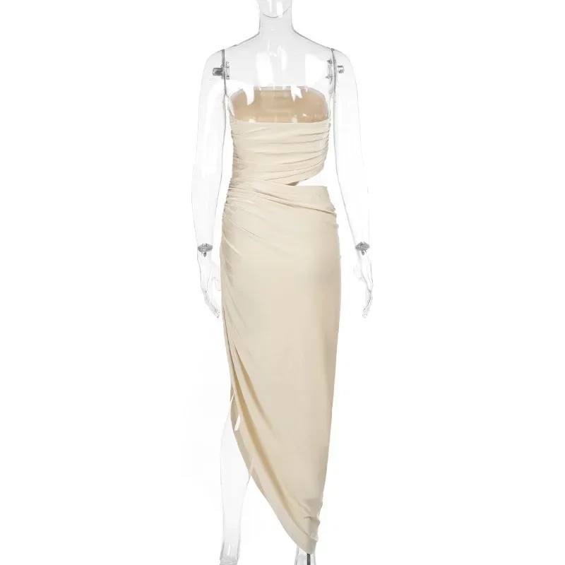 Women Sexy Hollow Out Shirring Strapless Asymmetrical Maxi Party Dress Elegant Strapless Backless Banquet Birthday Long Robe - Image 3