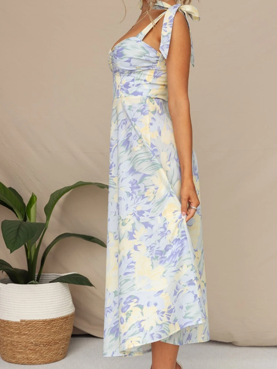 Women Sling Dress Sleeveless Low-cut Tie-up Flower Print Summer Long Dress for Cocktail Party - Image 5