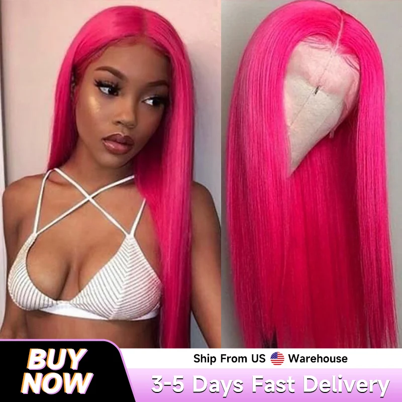 Hot Pink Vietnamese Human Hair Wig 13x6 HD Transparent Lace Front Pre Plucked 180% 250% Density Straight 28 Inch Natural Looking