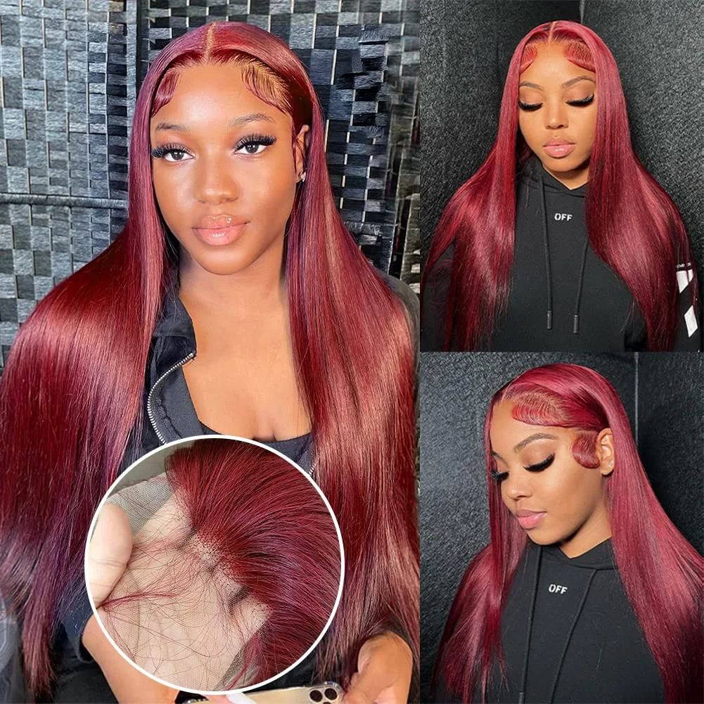 99j Burgundy 13x6 Hd Human Hair Lace Frontal Wig 13x4 Brazilian Bone Straight Red Colored Lace Front Human Hair Wigs 30 38 Inch - Image 4