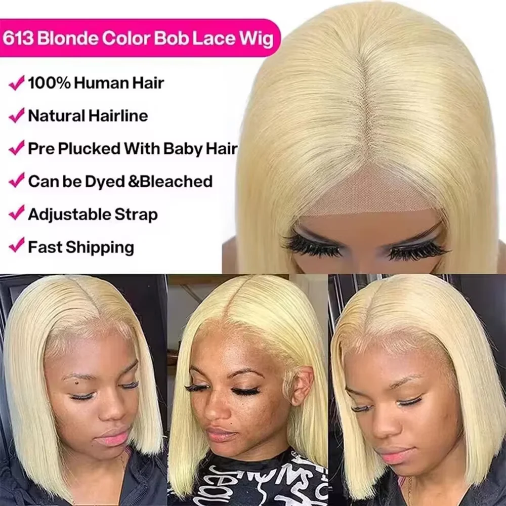 613 Blonde 200 Density Straight Short Bob HD Transparent 13x4 13x6 Full Frontal Lace Human Hair Wigs Pre Plucked Human Hair Wig - Image 4