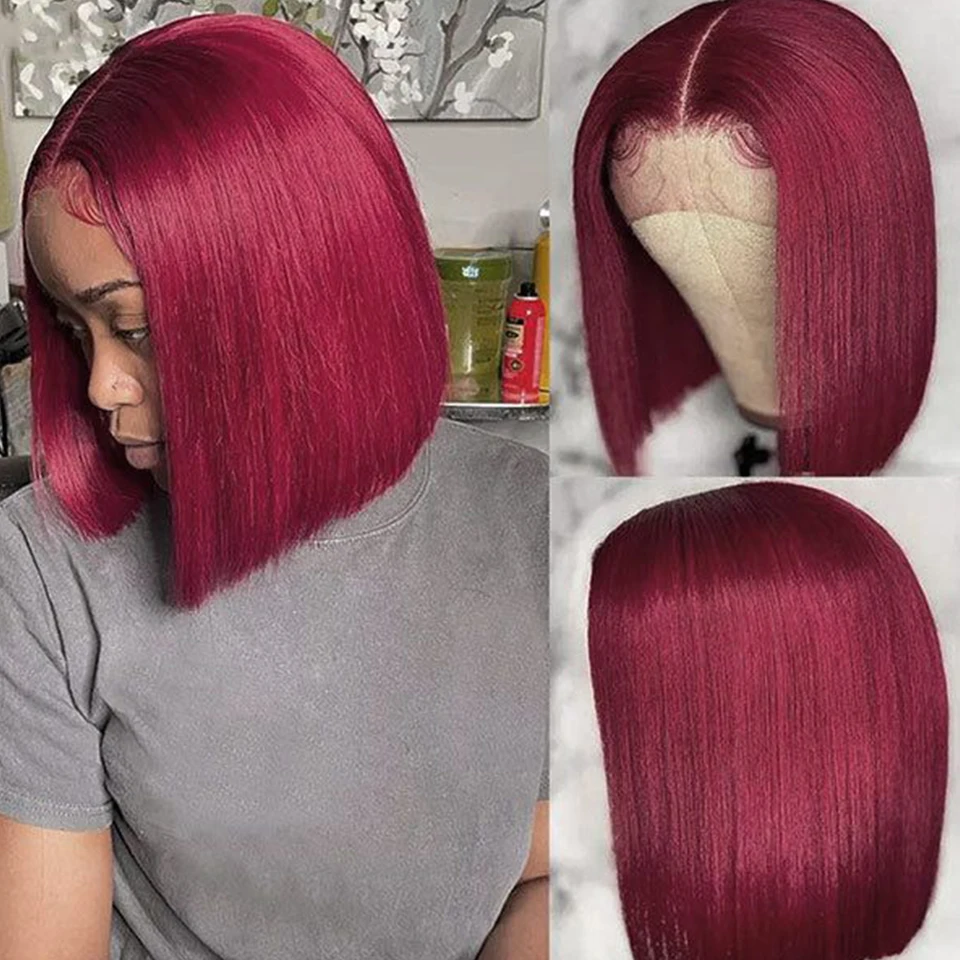 Burgundy HD Transparent Short Bob Human Hair Wigs Peruvian 99J Red Straight 13x6x2 Lace Front Wig For Women Pre Plucked - Image 4