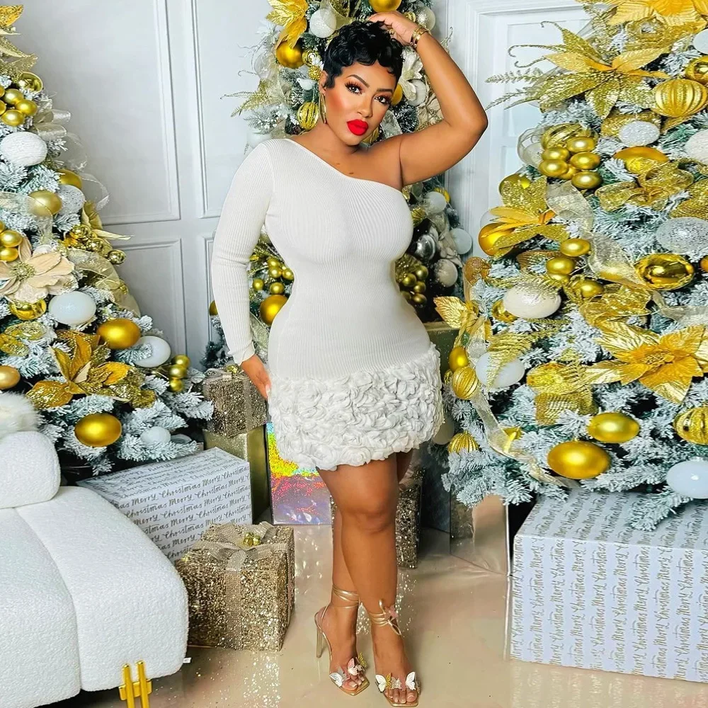 Women Knit Ribbed Rose Floral Applique One Long Sleeve Bodycon Midi Dress 2025 Club Sexy Party Evening Dresses Vestidos - Image 2