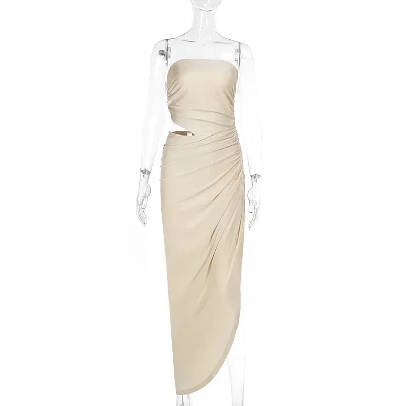 Women Sexy Hollow Out Shirring Strapless Asymmetrical Maxi Party Dress Elegant Strapless Backless Banquet Birthday Long Robe - Image 2