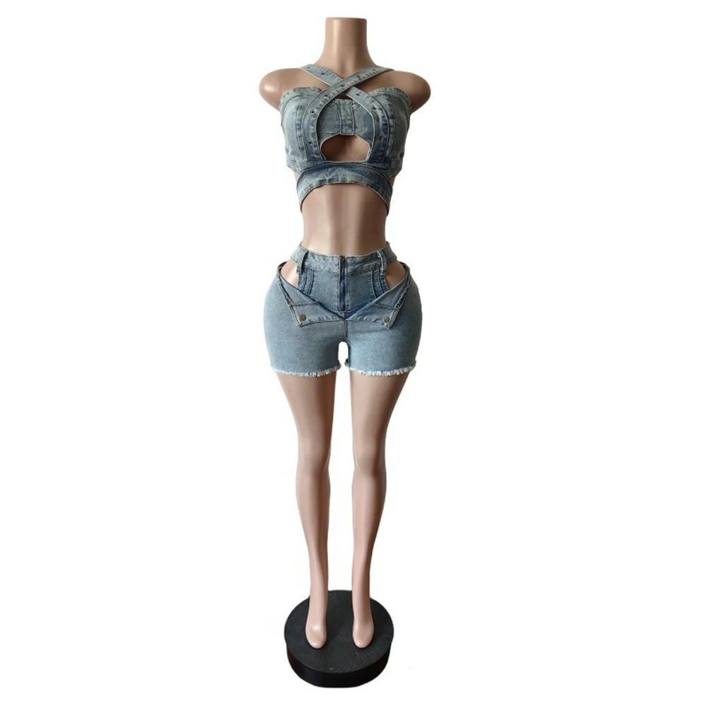 Sexy Jean Women Short Sets Straps Denim Crop Top and Cut Out Shorts Set 2025 Summer Clothes Streetwear Two 2 Piece Club Outfits - Image 4