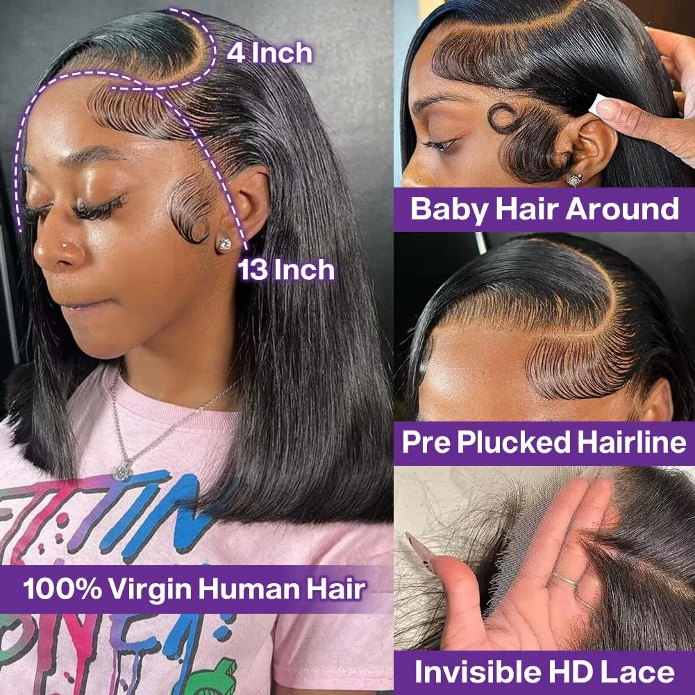 Short Straight Bob Wigs Human Hair 13x4 Bob Lace Front Wigs 180% Densit 12 Inch Brazilian HD Lace Frontal Wig For Women - Image 3