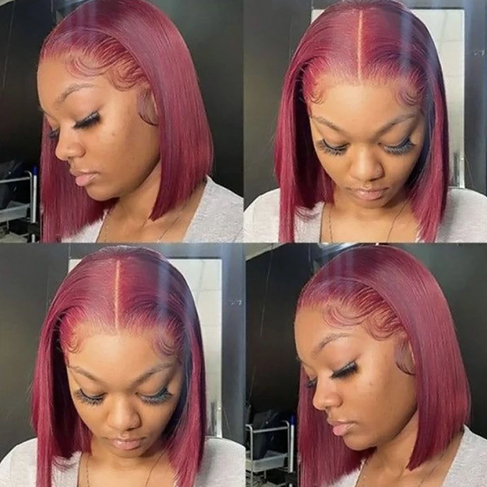 Burgundy HD Transparent Short Bob Human Hair Wigs Peruvian 99J Red Straight 13x6x2 Lace Front Wig For Women Pre Plucked - Image 6