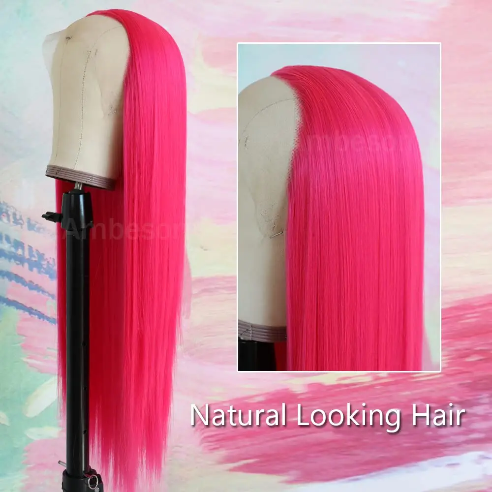 Hot Pink Vietnamese Human Hair Wig 13x6 HD Transparent Lace Front Pre Plucked 180% 250% Density Straight 28 Inch Natural Looking - Image 3
