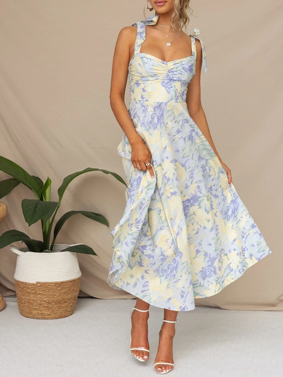 Women Sling Dress Sleeveless Low-cut Tie-up Flower Print Summer Long Dress for Cocktail Party - Image 3