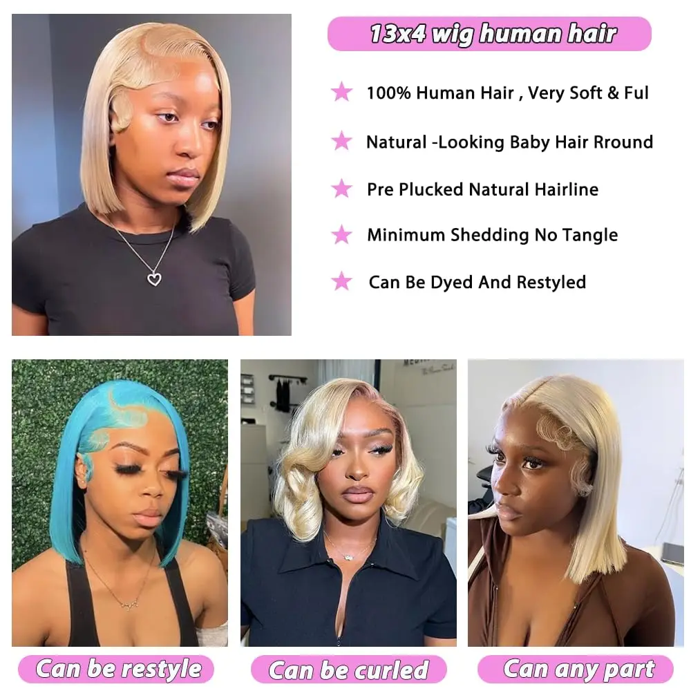 Blonde Bob Wig 100% Human Hair 13X4 lace Front Bob Wig Pre Plucked With Baby Hair 180% Density 613 Lace Frontal Wig Human Hair - Image 5