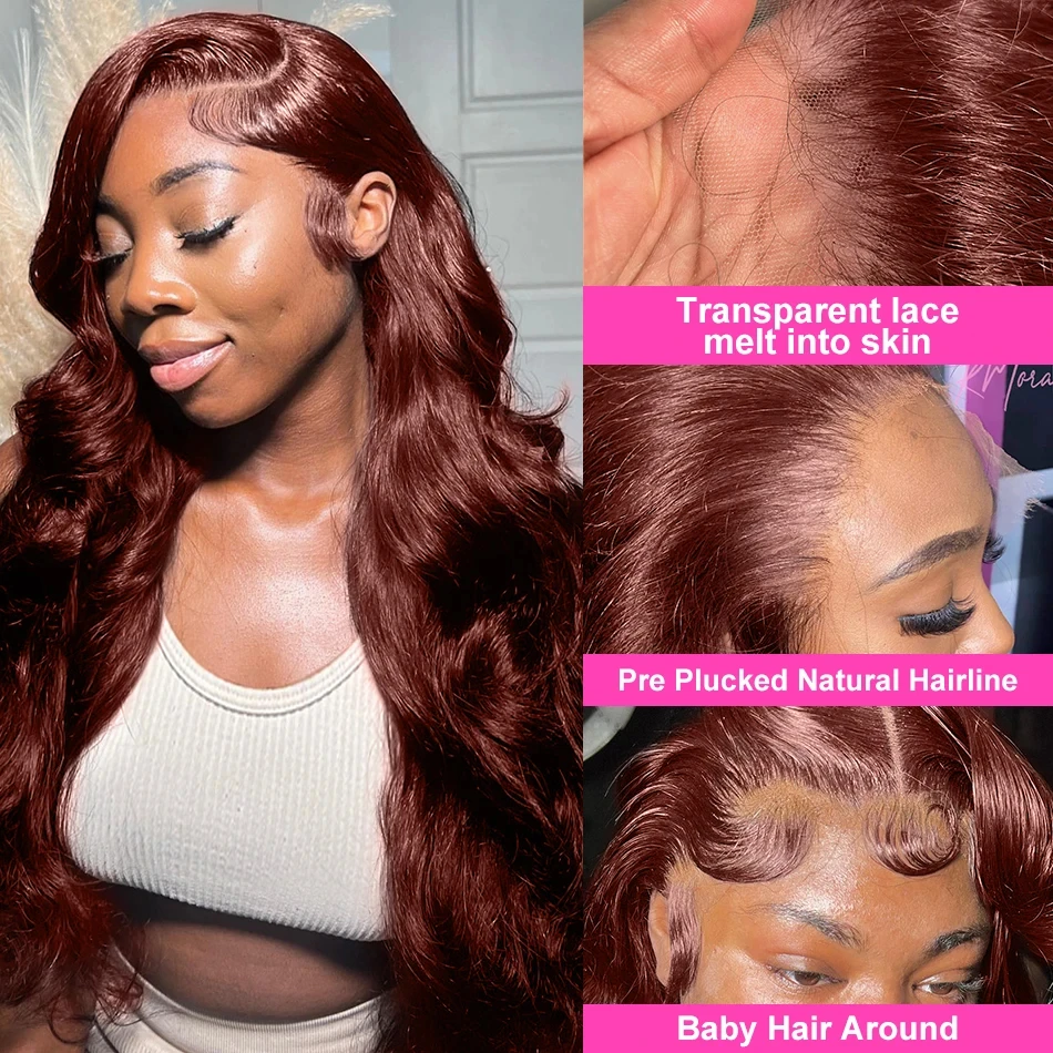 200 Density Body Wave Red Brown 13x4 13x6 Frontal Wig Brazilian Remy Hair wig HD Transparent Lace 100% Human Hair Wig For Women - Image 5