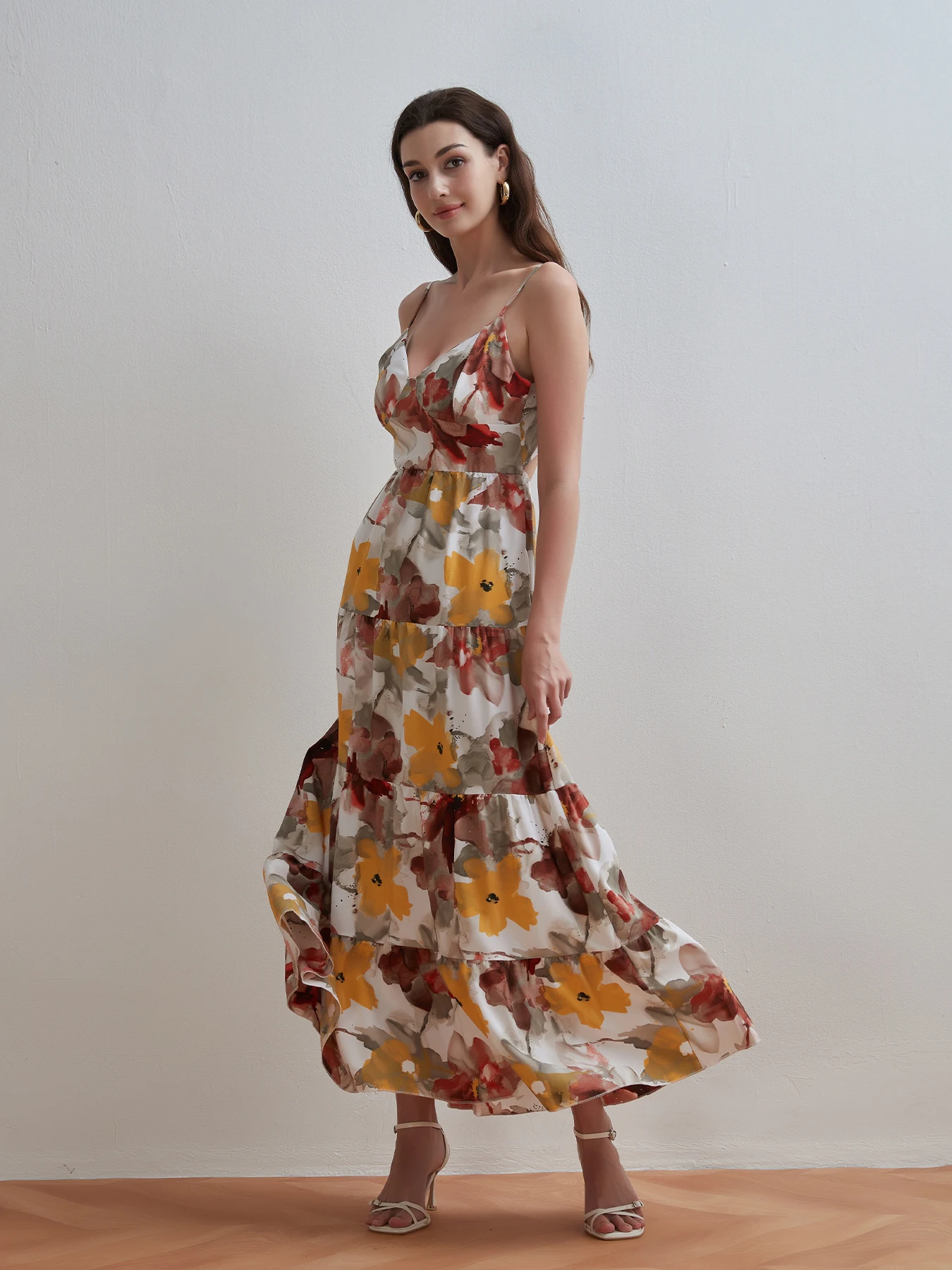 Women Summer Fashion Printed V-neck Dress Beach Style Sleeveless Halter Neck Tie-up Ruffled A-Line Dress Party Vacation Dresses