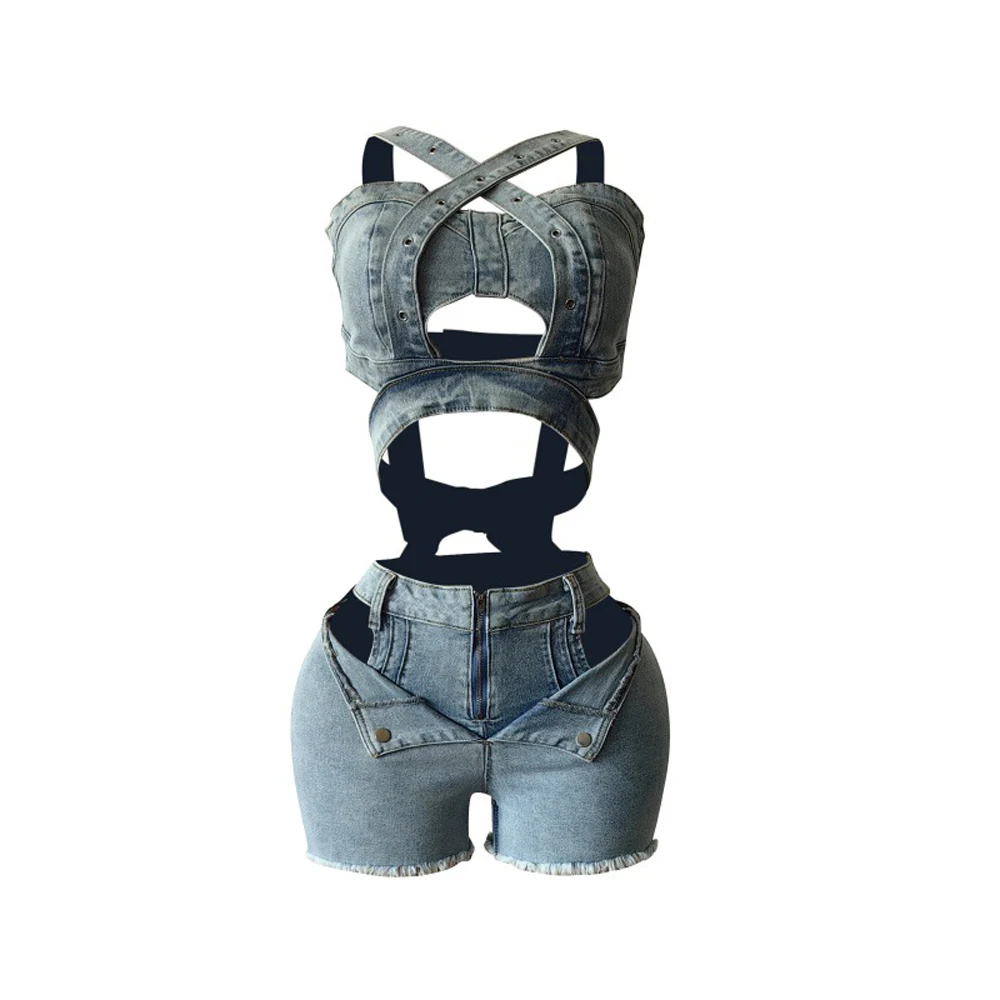 Sexy Jean Women Short Sets Straps Denim Crop Top and Cut Out Shorts Set 2025 Summer Clothes Streetwear Two 2 Piece Club Outfits - Image 7