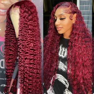 Deep Wave 99J Burgundy 13x6 Lace Frontal Wig Human Hair 13x4 Curly 30 38 Inch HD Transparent Lace Front Wigs Brazilian Red Wine