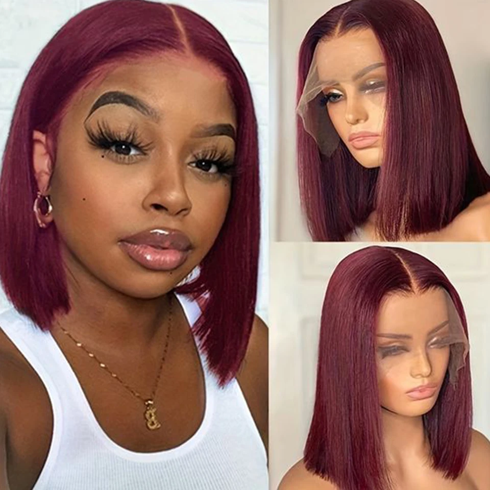 Burgundy HD Transparent Short Bob Human Hair Wigs Peruvian 99J Red Straight 13x6x2 Lace Front Wig For Women Pre Plucked - Image 2