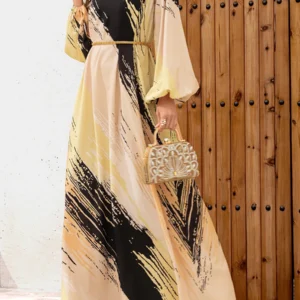 Elegant Floral Print Maxi Dress with Long Sleeves and Round Neckline Loose Fit Abaya Robe for Women s Fashion