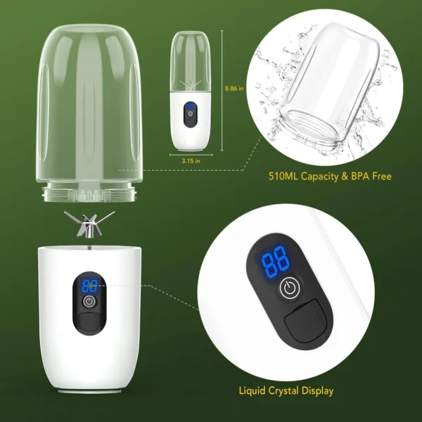 Compact and Lightweight Portable Mini Blender Bottle for Shakes and Smoothies, 17 Oz Capacity, 4800mAh Battery, USB Rechargeable - Image 2