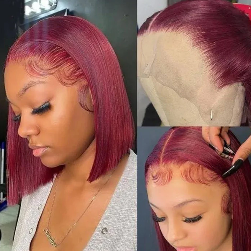 Burgundy HD Transparent Short Bob Human Hair Wigs Peruvian 99J Red Straight 13x6x2 Lace Front Wig For Women Pre Plucked - Image 7