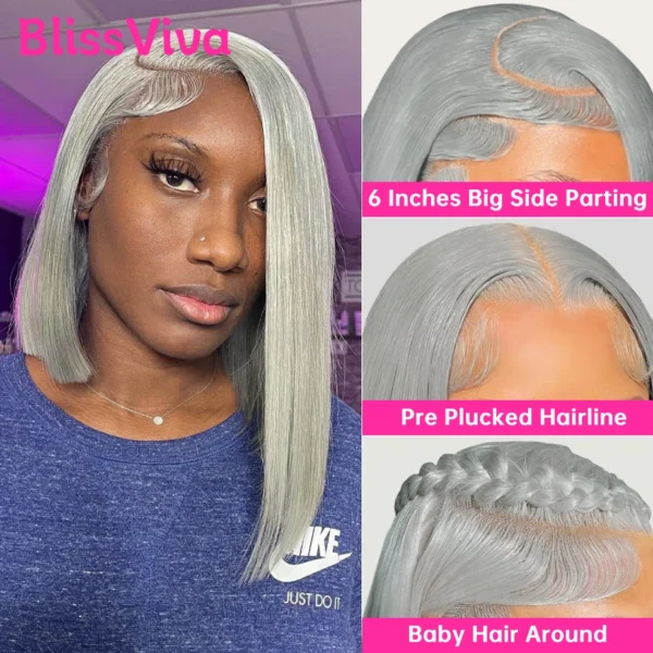 13x6 Short Bob Wigs Silver Grey Lace Front Wigs Human Hair Pre Plucked Ash Gray Blonde 613 Lace Frontal Wig Human Hair Bob Wig - Image 2