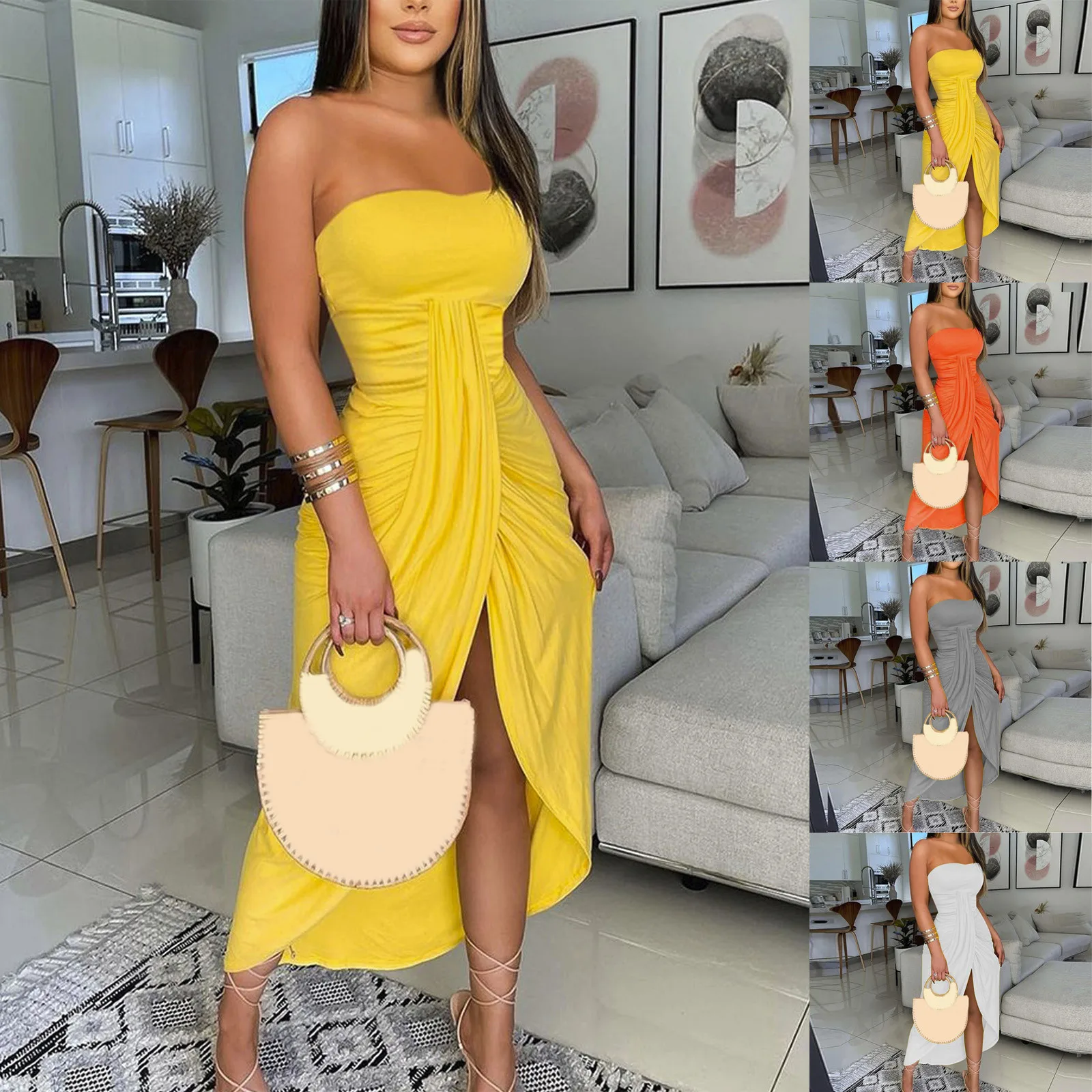 Vestidos Women'S Dress Sexy Solid Color Dress Sleeveless Strapless Hip-Hugging Wrap Chest Irregular Draped Party Summer Dress - Image 2