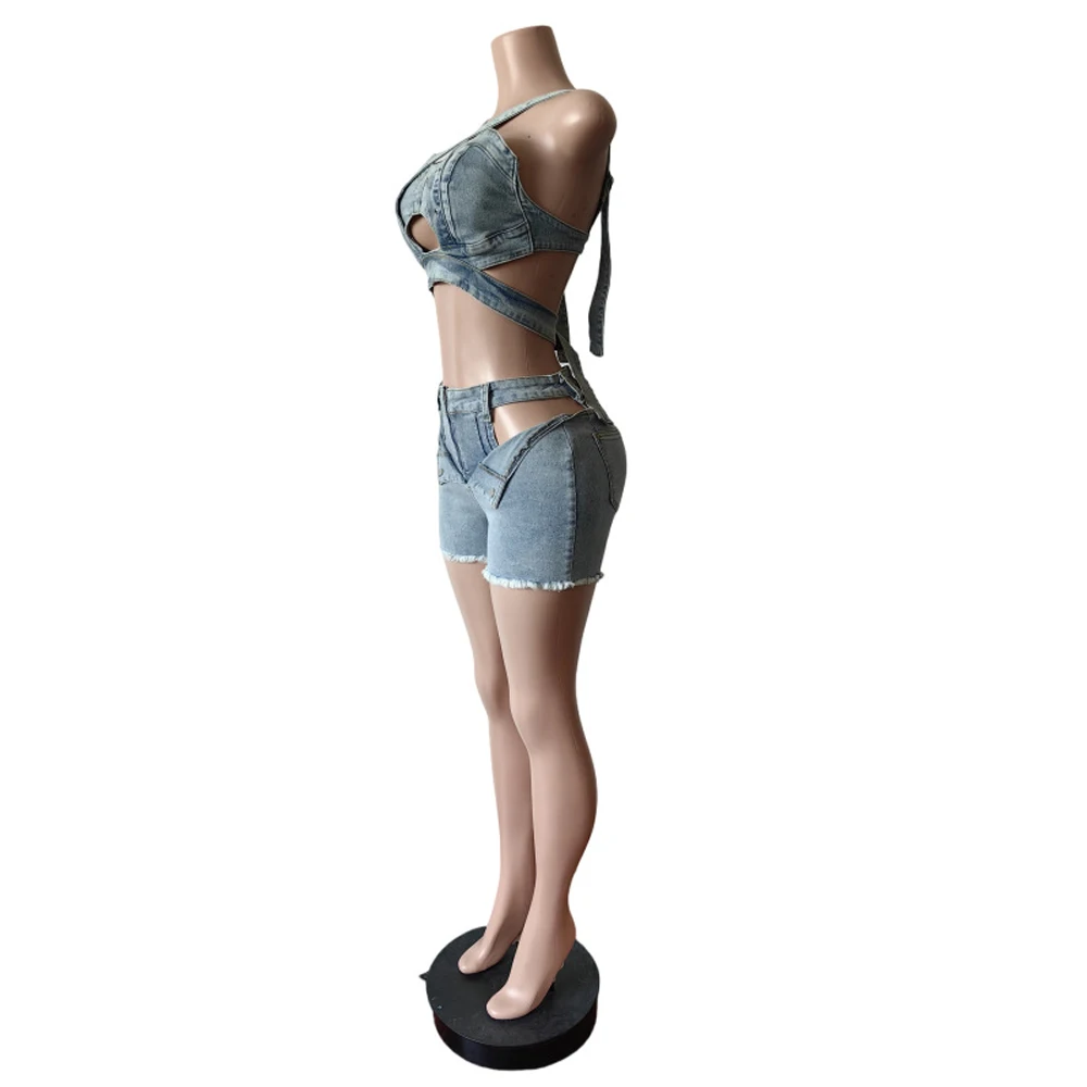 Sexy Jean Women Short Sets Straps Denim Crop Top and Cut Out Shorts Set 2025 Summer Clothes Streetwear Two 2 Piece Club Outfits - Image 5