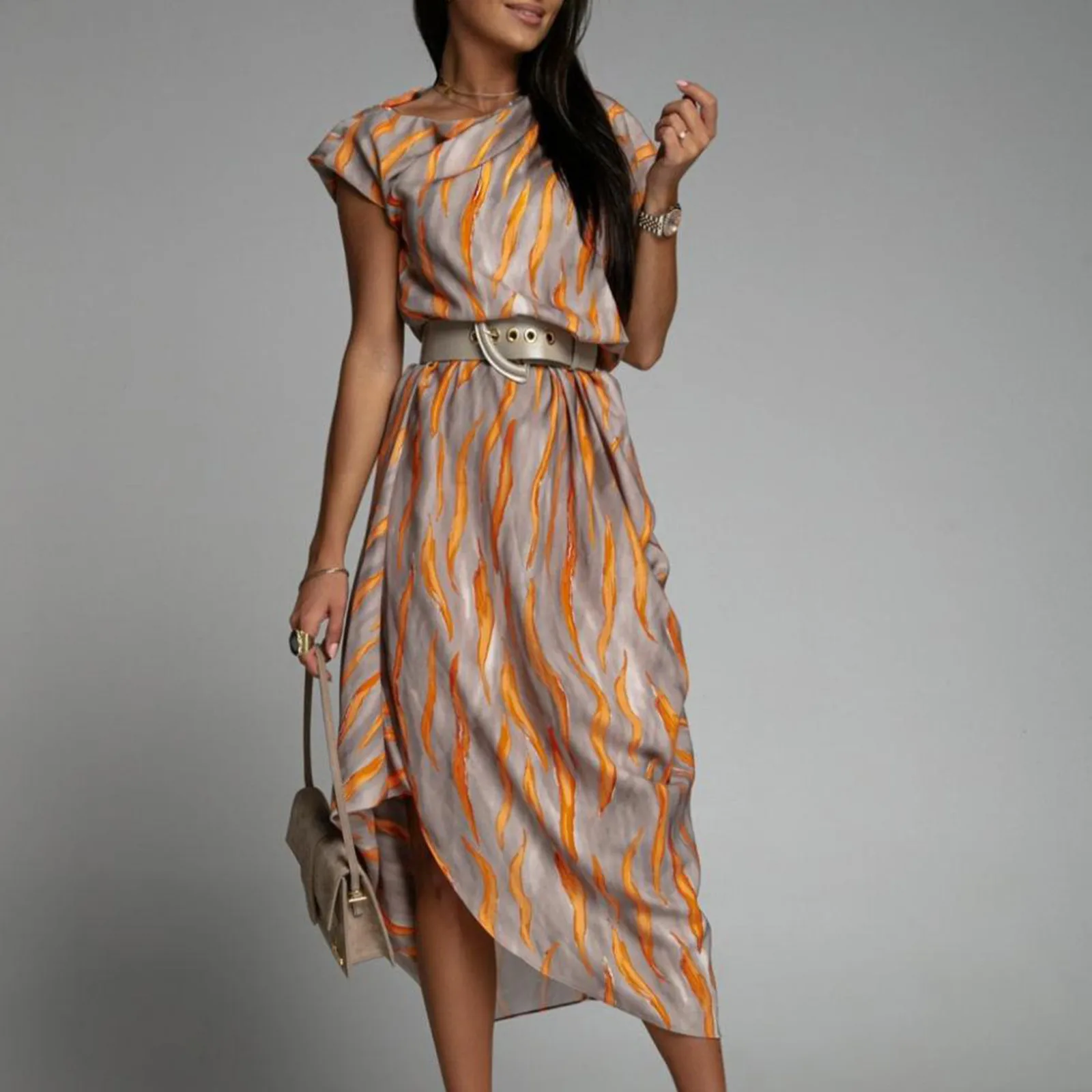 Elegant Long-sleeve Printed Dress For Women High-waisted A- line Round Neck Pullover Trendy Summer Clothing - Image 3