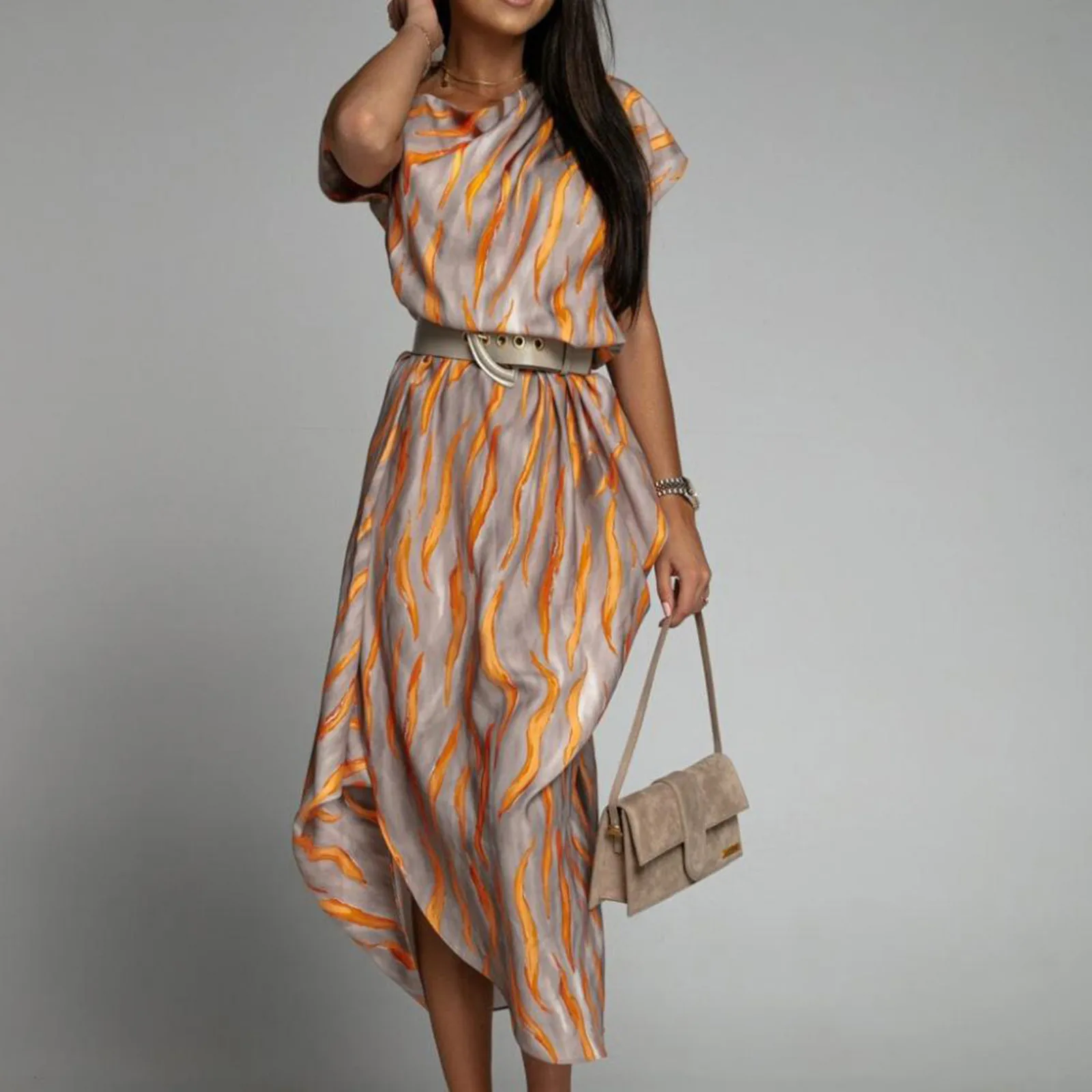 Elegant Long-sleeve Printed Dress For Women High-waisted A- line Round Neck Pullover Trendy Summer Clothing