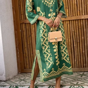 Elegant 3 4 Sleeve V-Neck Maxi Dress with Retro Print Perfect for Ramadan Arab Robe Caftan Gowns for Women