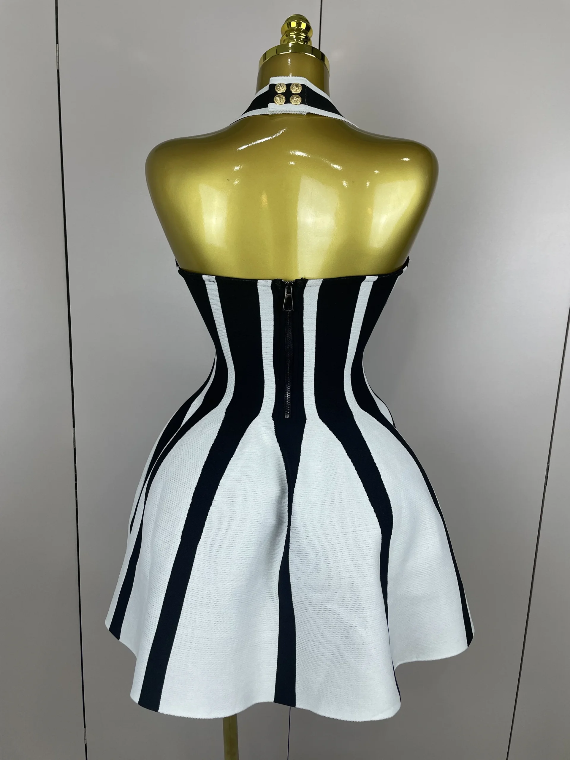 Sexy Backless Black White Stripes Halter Bandage A Line Short Dress 2025Women Celebrity Elegant Evening Party Holiday Club Dress - Image 3