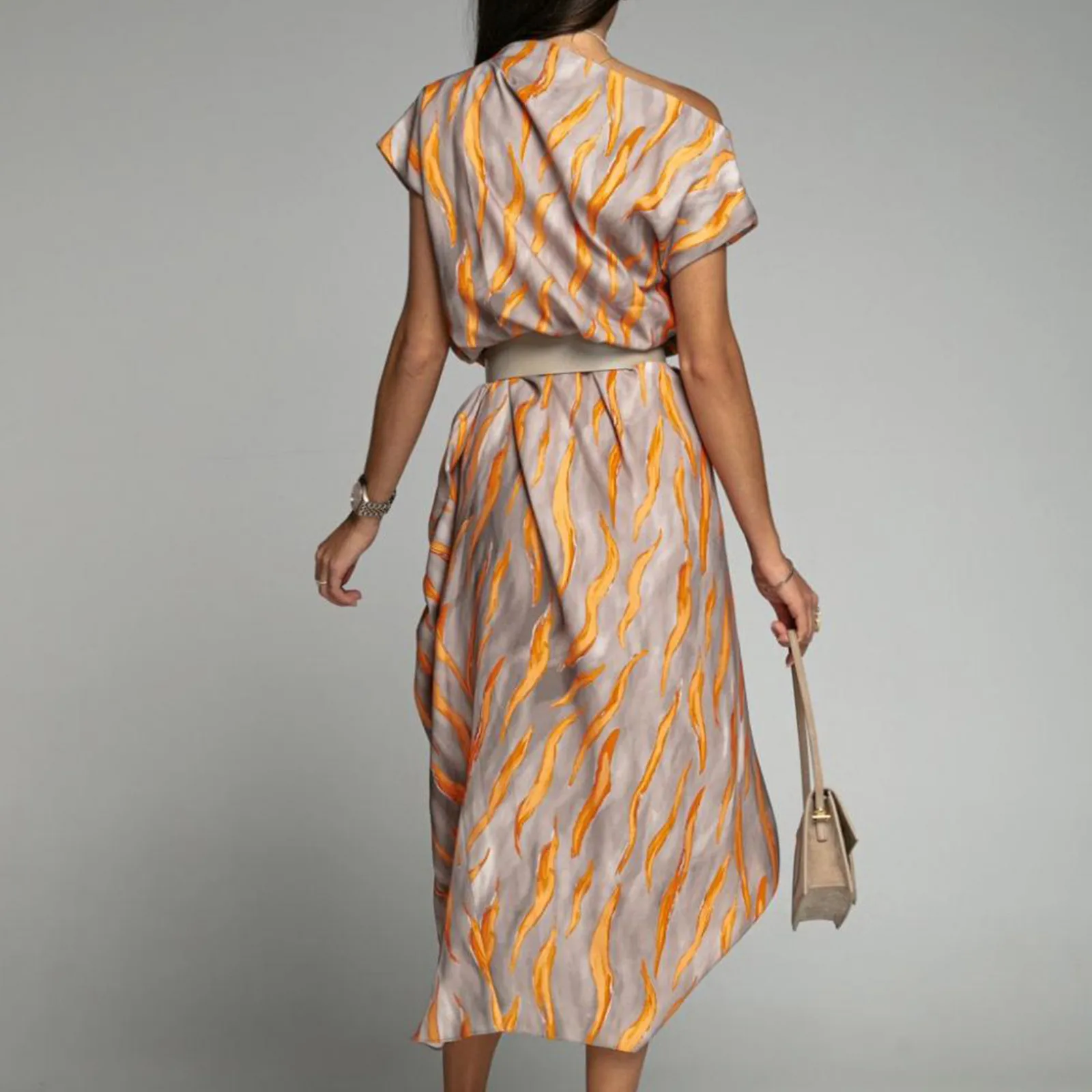 Elegant Long-sleeve Printed Dress For Women High-waisted A- line Round Neck Pullover Trendy Summer Clothing - Image 4