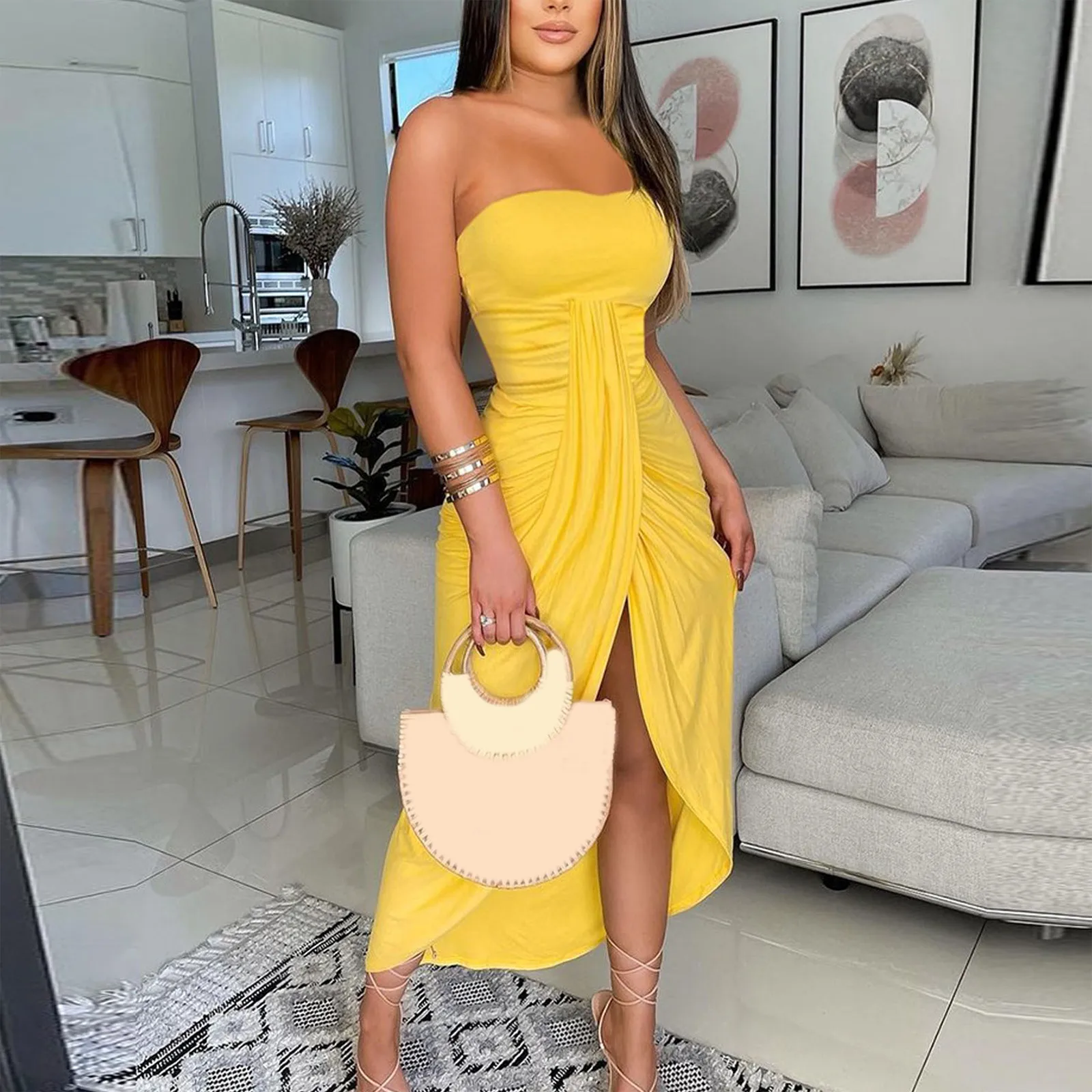 Vestidos Women'S Dress Sexy Solid Color Dress Sleeveless Strapless Hip-Hugging Wrap Chest Irregular Draped Party Summer Dress - Image 7