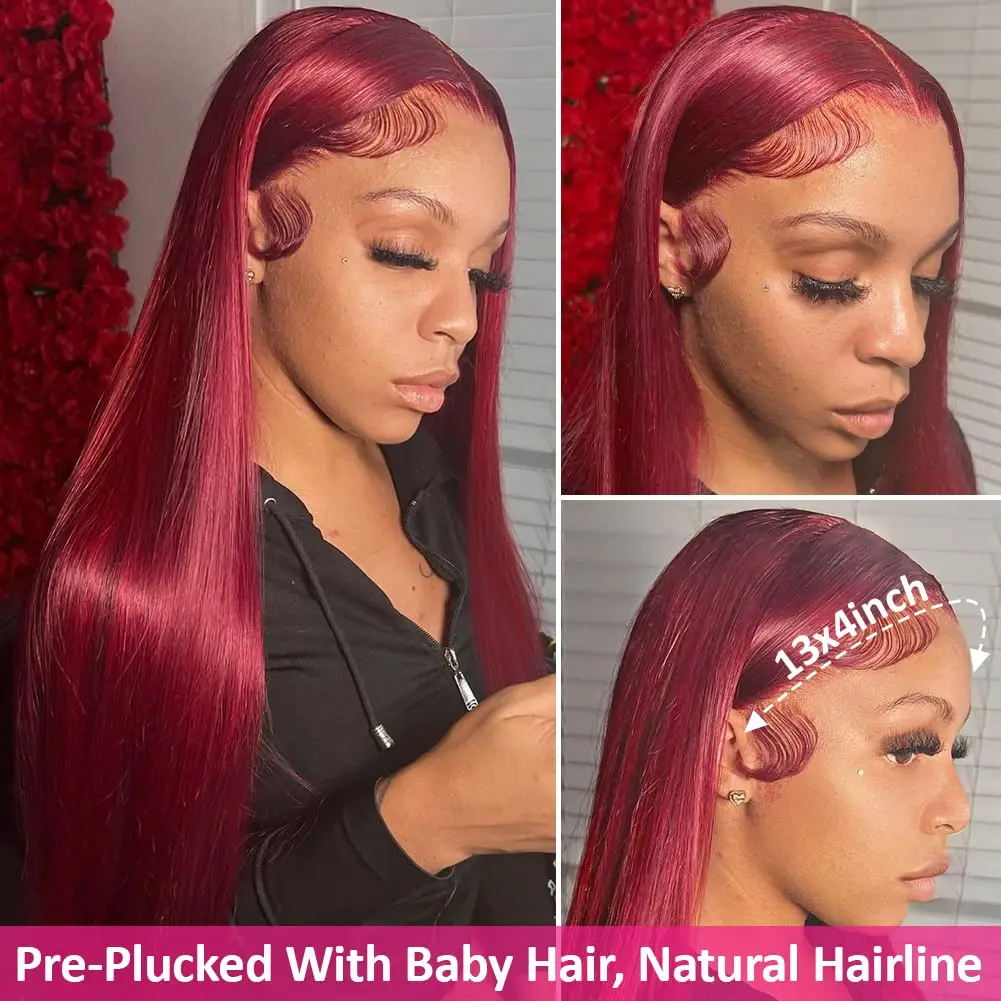99j Burgundy 13x6 Hd Human Hair Lace Frontal Wig 13x4 Brazilian Bone Straight Red Colored Lace Front Human Hair Wigs 30 38 Inch - Image 3