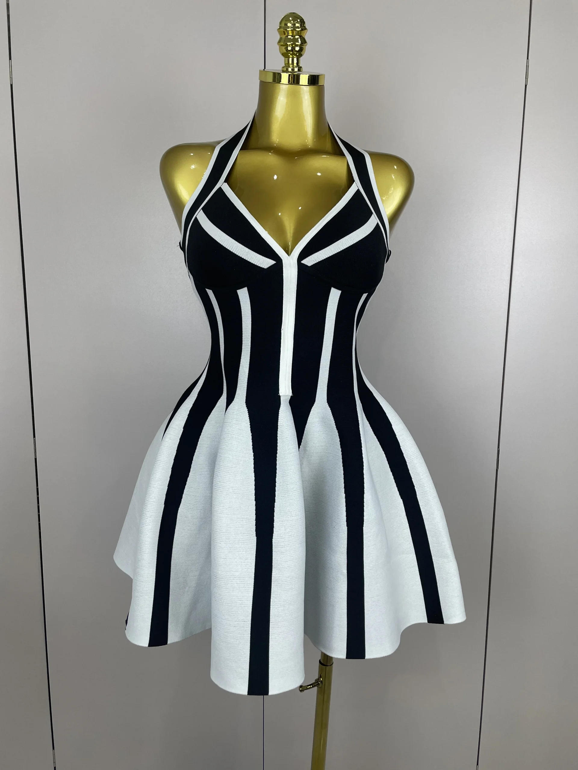 Sexy Backless Black White Stripes Halter Bandage A Line Short Dress 2025Women Celebrity Elegant Evening Party Holiday Club Dress - Image 2