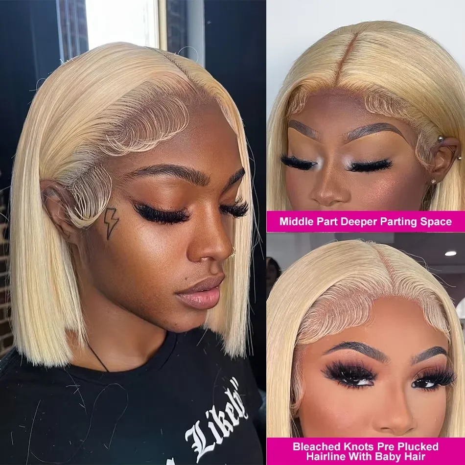 613 Blonde 200 Density Straight Short Bob HD Transparent 13x4 13x6 Full Frontal Lace Human Hair Wigs Pre Plucked Human Hair Wig - Image 3