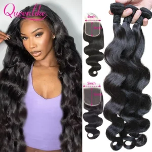 Queenlike 24 24 24 Inch Body Wave Bundles Human Hair Bundles And 4x4/5x5 Lace Closure 12A Brazilian Bundles 100% Human Hair