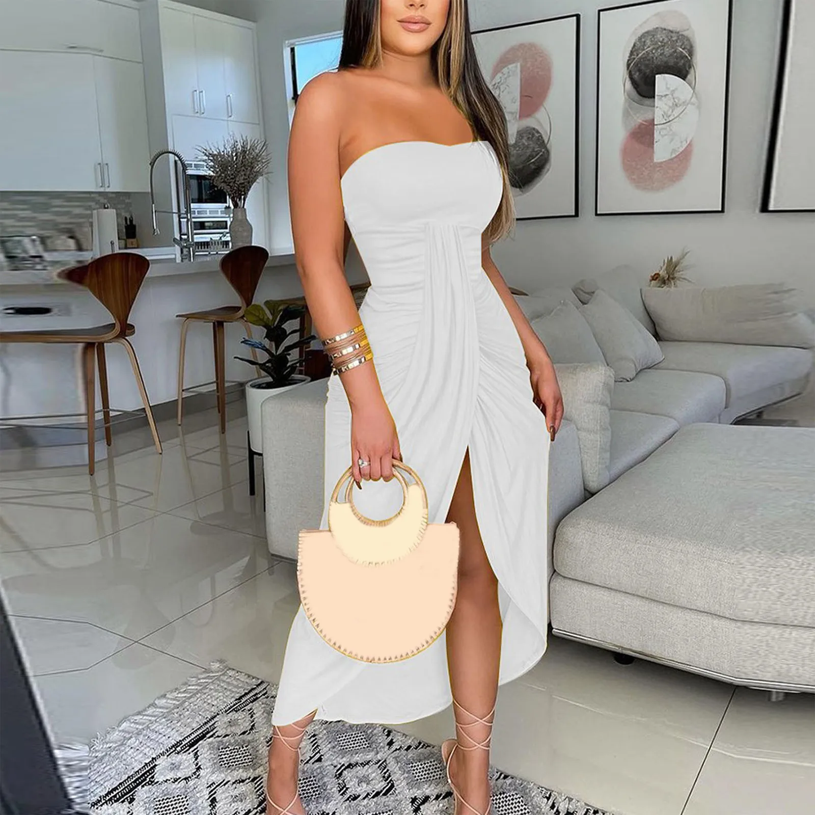 Vestidos Women'S Dress Sexy Solid Color Dress Sleeveless Strapless Hip-Hugging Wrap Chest Irregular Draped Party Summer Dress - Image 9