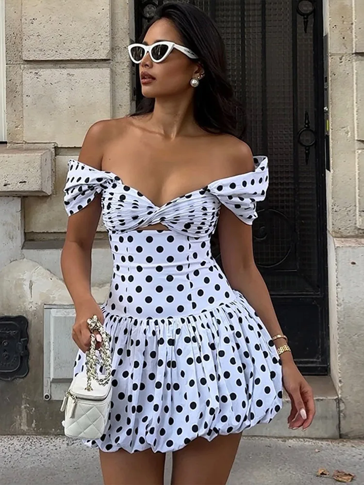 Elegant Polka Dot Low Cut Mini Dresses Women Retro Sleeveless Hollow Slim Bubble Dress Female Summer Chic Street Party Vestidos