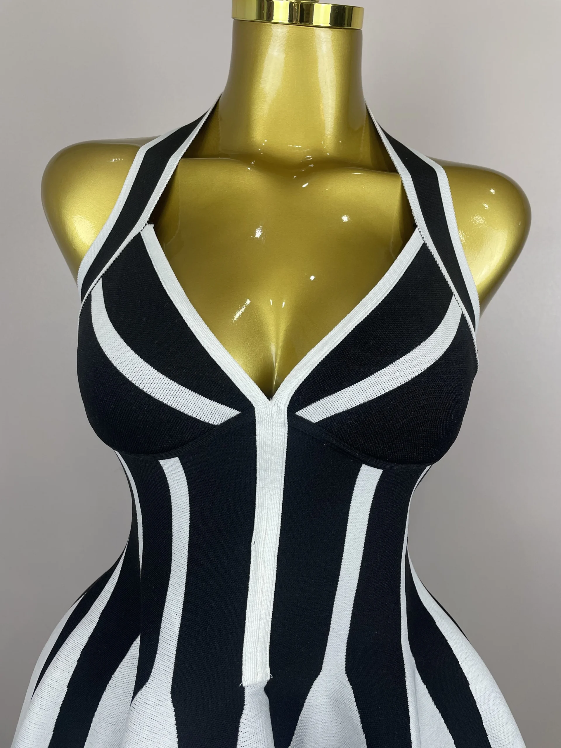 Sexy Backless Black White Stripes Halter Bandage A Line Short Dress 2025Women Celebrity Elegant Evening Party Holiday Club Dress - Image 5