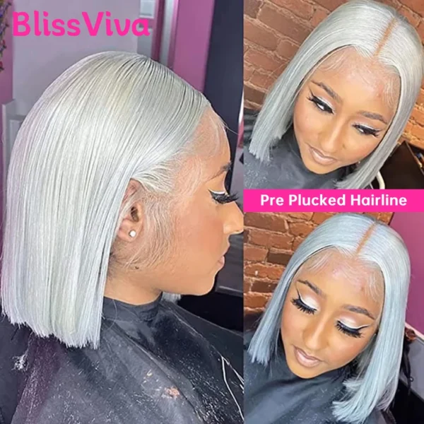 13x6 Short Bob Wigs Silver Grey Lace Front Wigs Human Hair Pre Plucked Ash Gray Blonde 613 Lace Frontal Wig Human Hair Bob Wig - Image 3