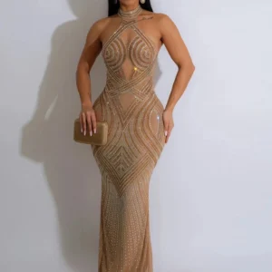 Beyprern Women's Rhinestones Décor Long Maxi Dress Glam Backless Hallucination Mesh Diamonds Party Dress Celebrities Outfits