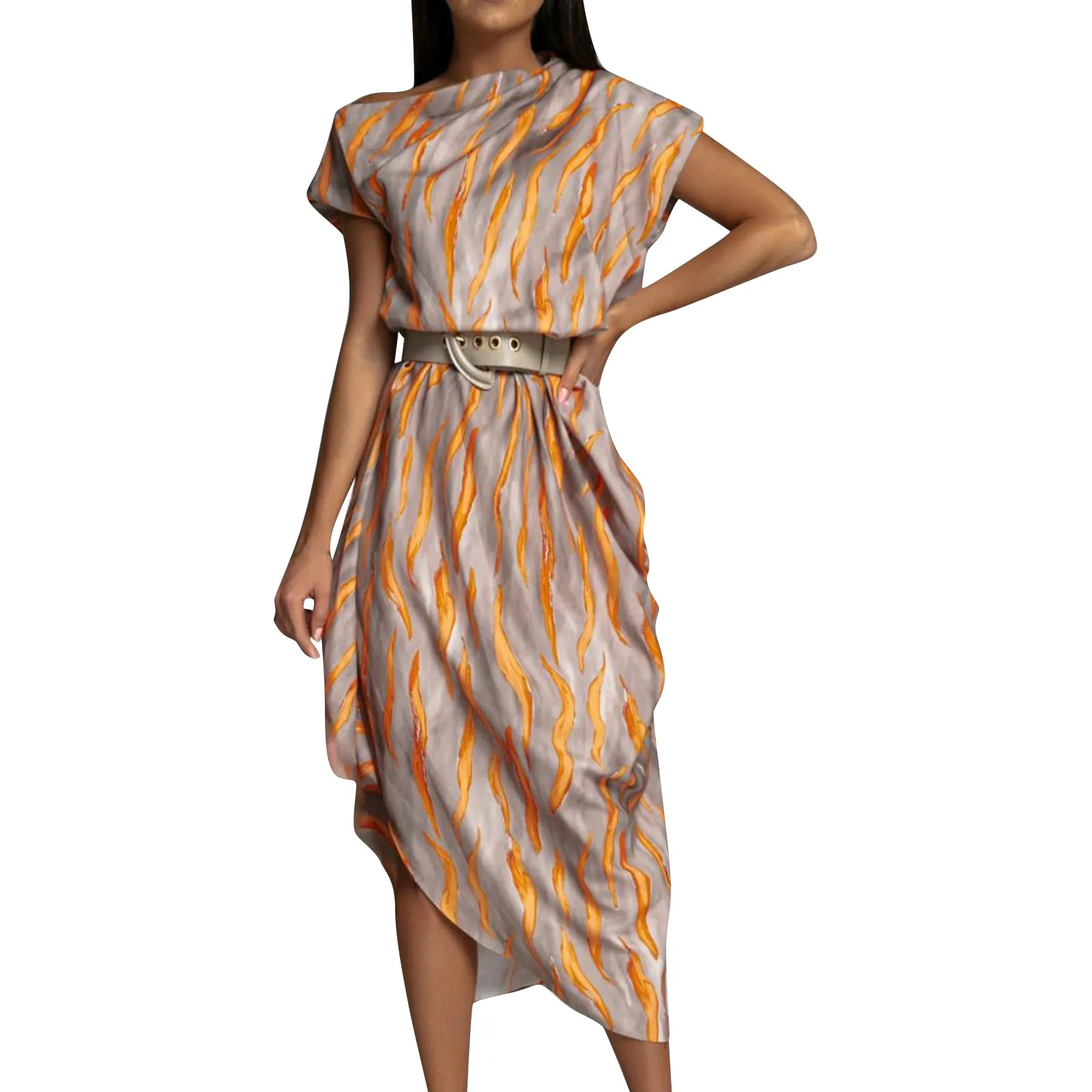 Elegant Long-sleeve Printed Dress For Women High-waisted A- line Round Neck Pullover Trendy Summer Clothing - Image 2
