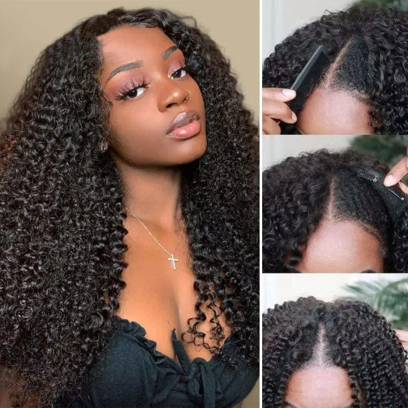 Afro Kinky Curly V Part Wig Human Hair 30 Inch Brazilian Hair Wigs for Women 250 Density Deep Wave Curly Glueless V U Part Wig - Image 2